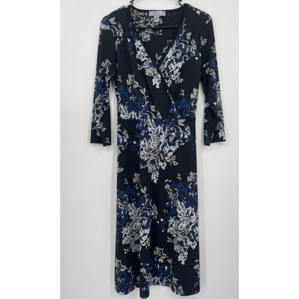 Nine &‎ Co. L Floral Faux Wrap Midi Dress Womens Black Blue 3/4 Sleeve RN54050